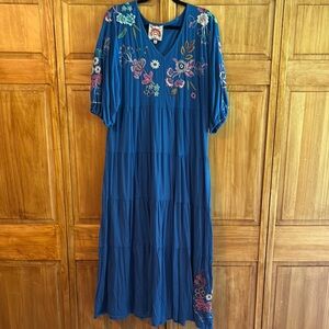 Johnny Was Blue Pleated Embellished Maxi Dress